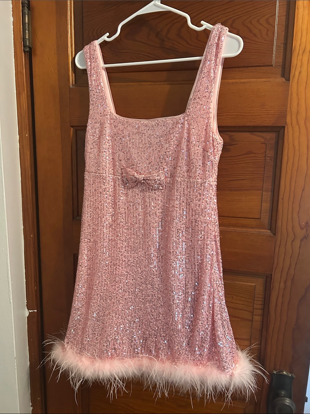 Lulu's Pink Sequin Mini Dress with Feather Hem